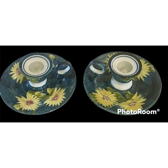 Vintage Chamberstick Hand Painted Thailand Candlestick Holders pair SUNFLOWERS - Picture 2 of 11